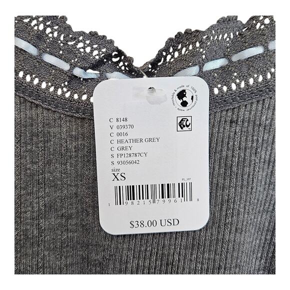 FREE PEOPLE Women's XS Only You Tank Top Ribbed Gray White Ribbon Trim NEW - Picture 4 of 6